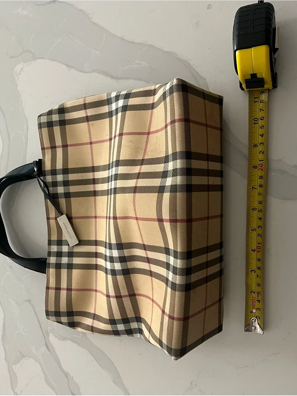 Burberry Beige Check Canvas Tote Bag with Black Handles 10x11.